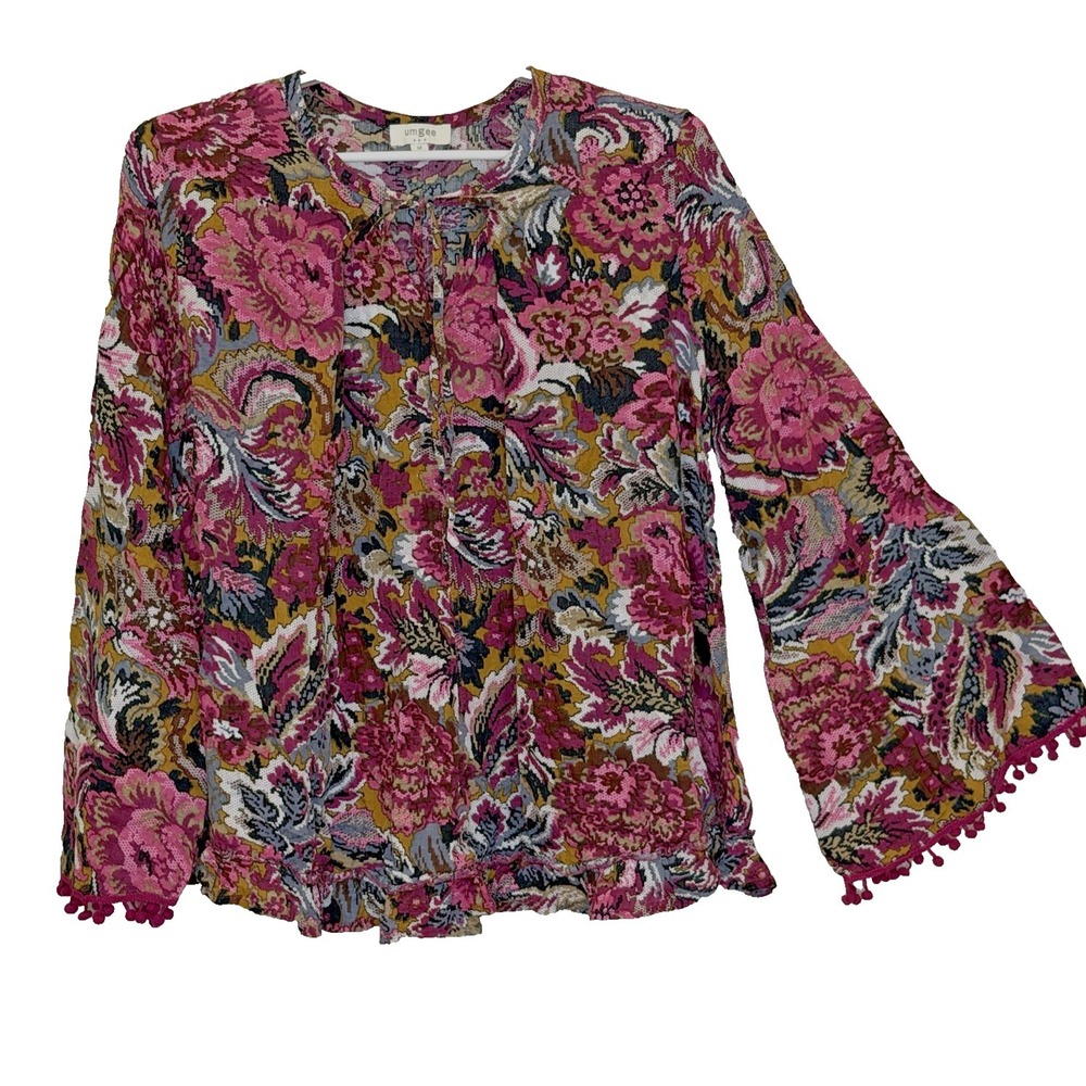 Umgee Top Womens Medium Long Bell Sleeve Multicolor Floral Tie V-Neck Oversized
